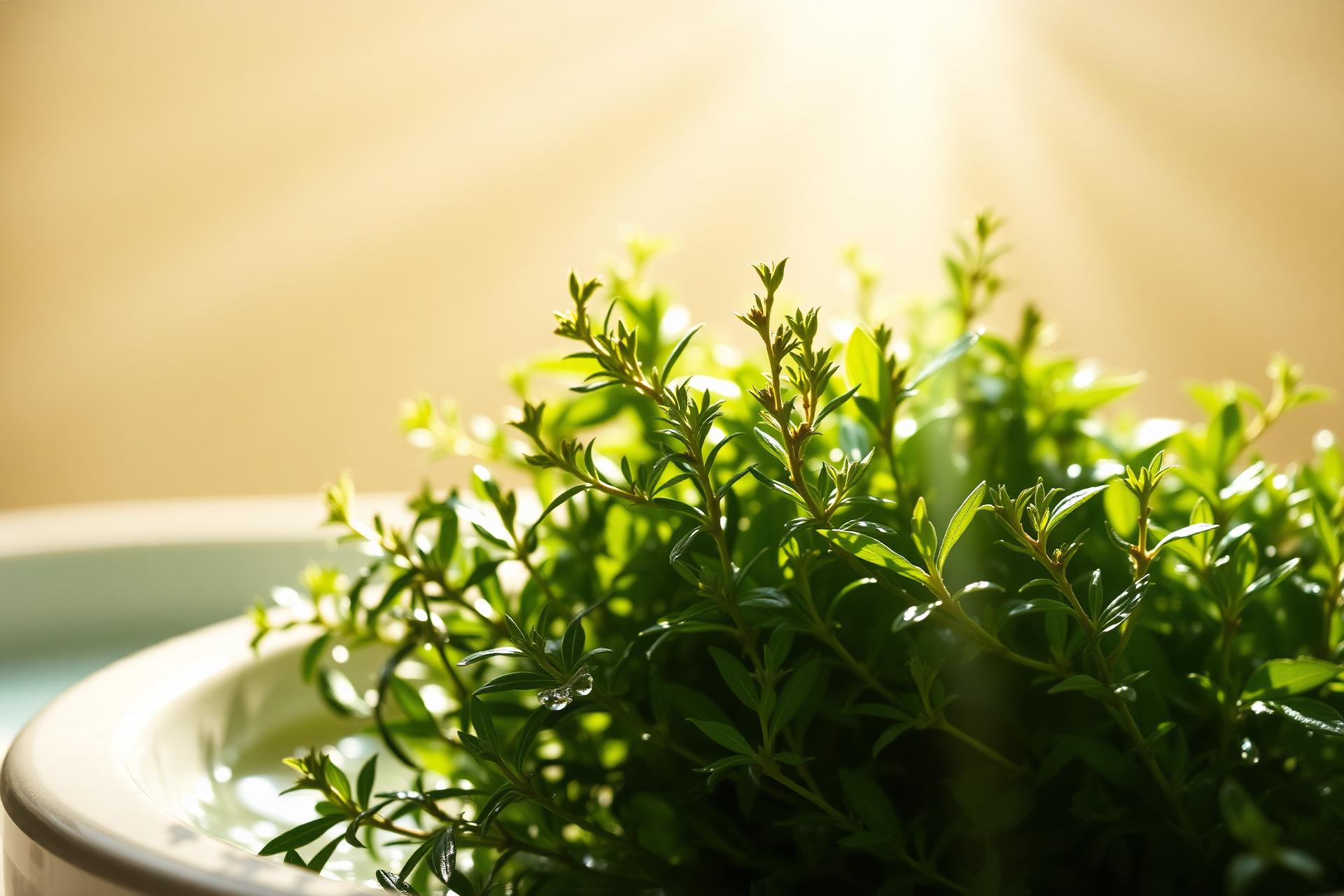 Serene wellness scene with fresh herbs and soft natural light