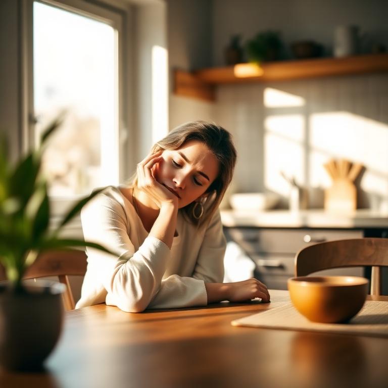 Tired woman resting her head on her hand at a sunlit kitchen table
