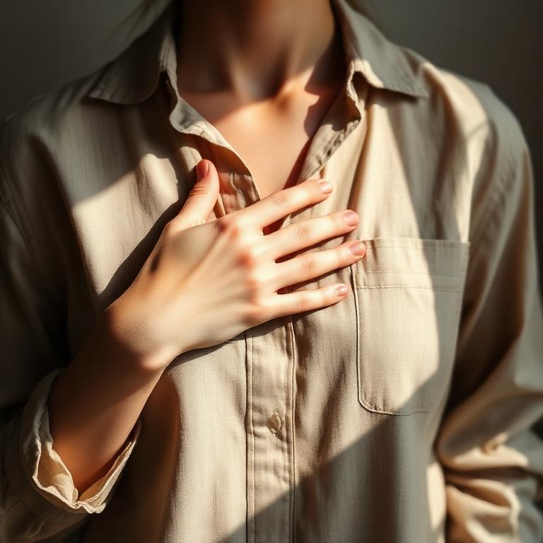 A hand resting gently on the chest over a soft linen shirt