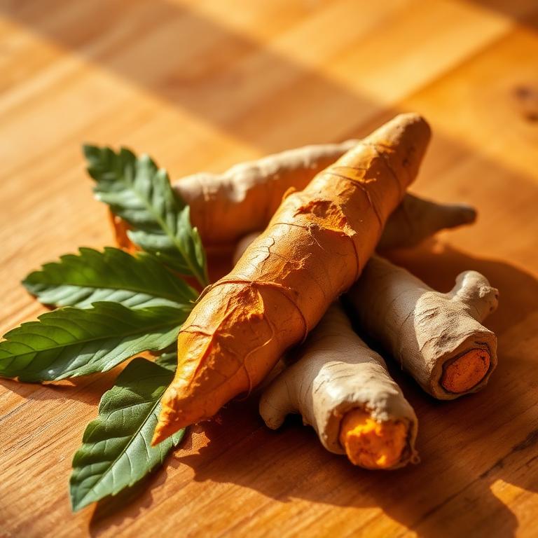 Fresh turmeric and ginger root with green leaves on a wooden surface